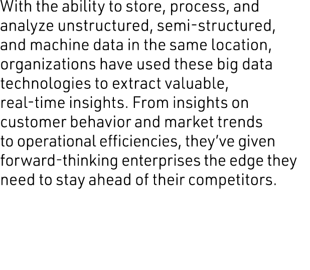 With the ability to store, process, and analyze unstructured, semi-structured, and machine data in the same location,   