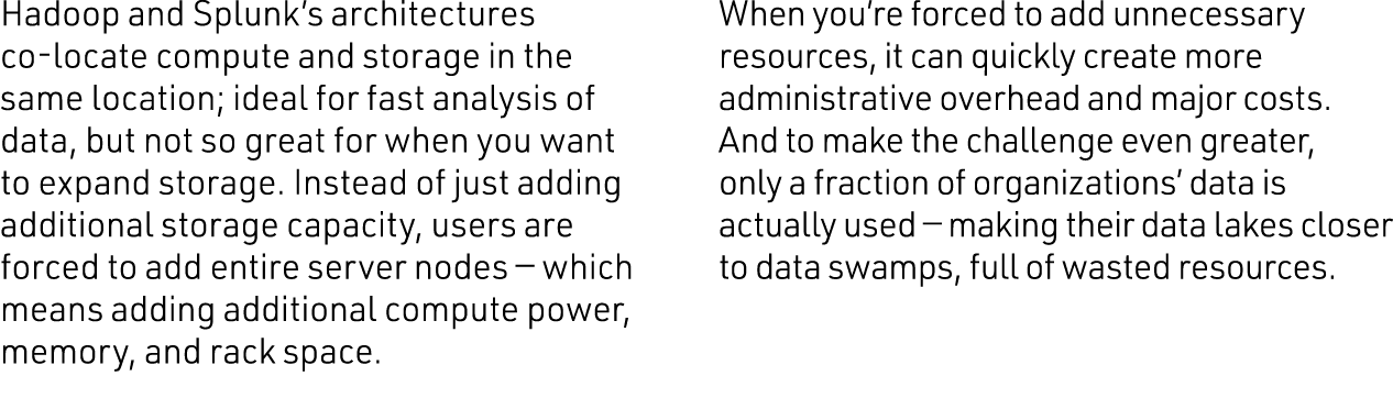Hadoop and Splunk s architectures co-locate compute and storage in the same location; ideal for fast analysis of data   