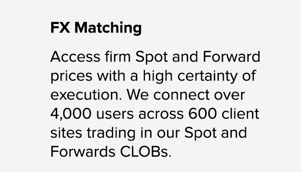 FX Matching Access firm Spot and Forward prices with a high certainty of execution. We connect over 4,000 users acros...