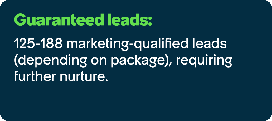 Guaranteed leads: 125 188 marketing qualified leads (depending on package), requiring further nurture.