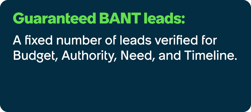 Guaranteed BANT leads: A fixed number of leads verified for Budget, Authority, Need, and Timeline.