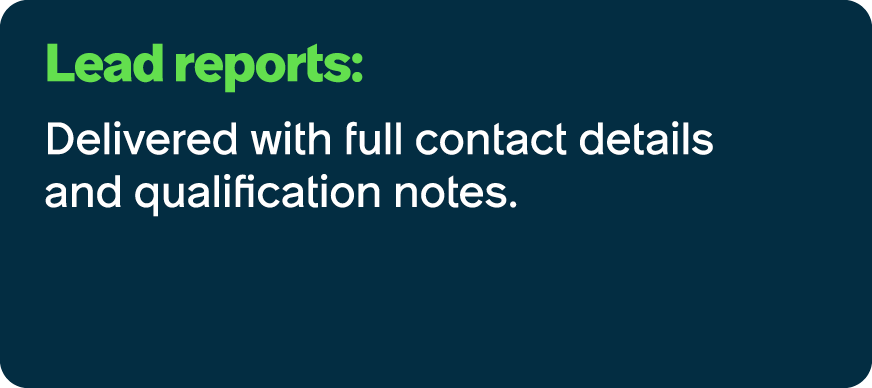 Lead reports: Delivered with full contact details and qualification notes.
