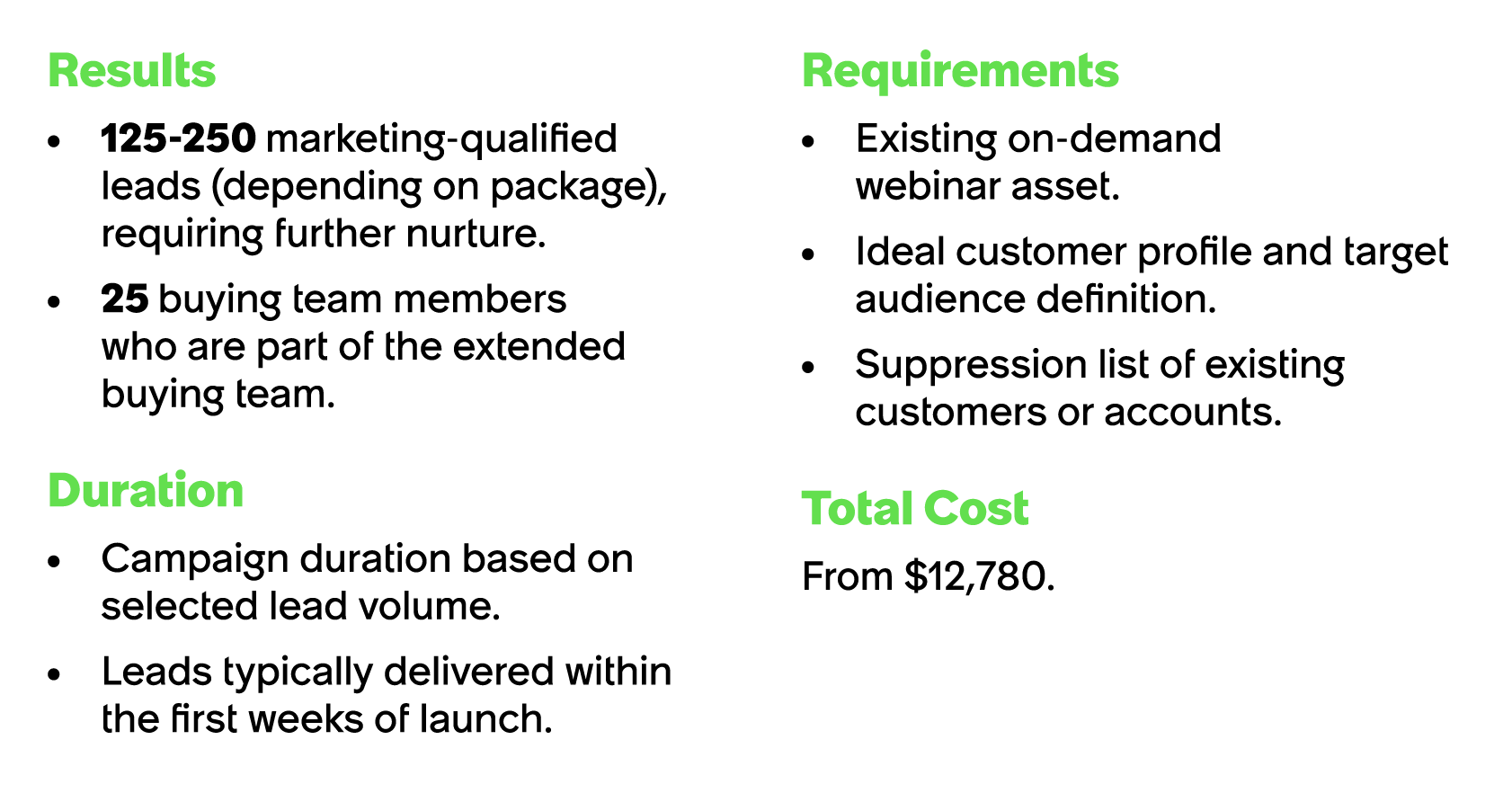 Results • 125 250 marketing qualified leads (depending on package), requiring further nurture. • 25 buying team membe...