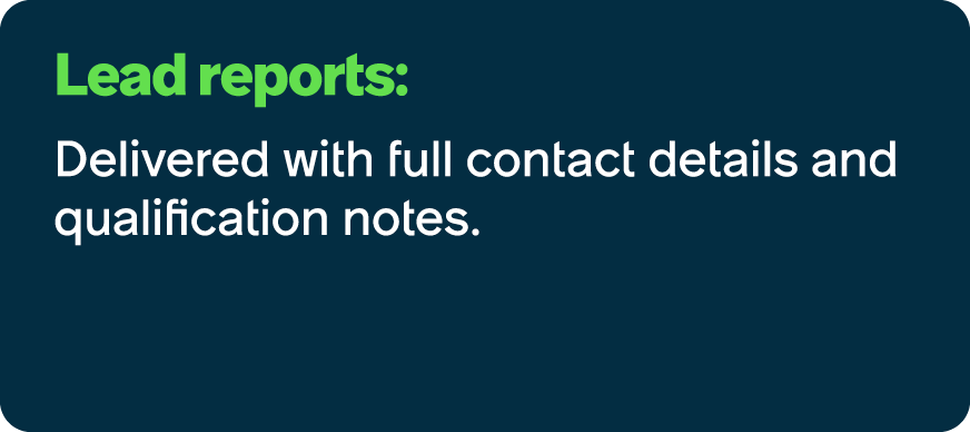 Lead reports: Delivered with full contact details and qualification notes.