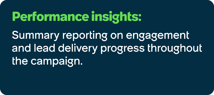Performance insights: Summary reporting on engagement and lead delivery progress throughout the campaign. 