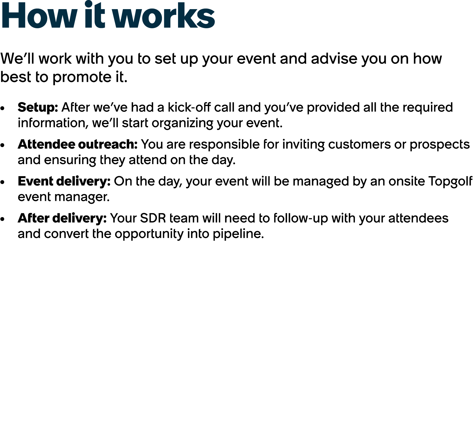 How it works We’ll work with you to set up your event and advise you on how best to promote it. Setup: After we’ve ha...