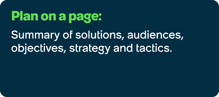 Plan on a page: Summary of solutions, audiences, objectives, strategy and tactics.
