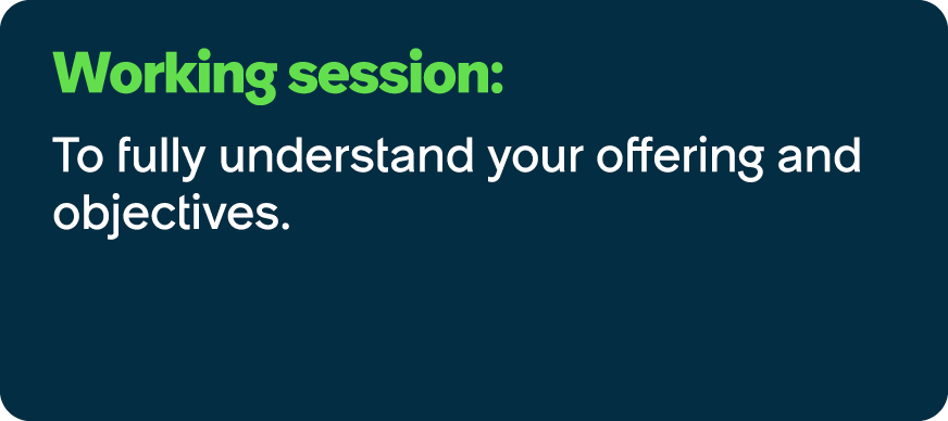 Working session: To fully understand your offering and objectives.