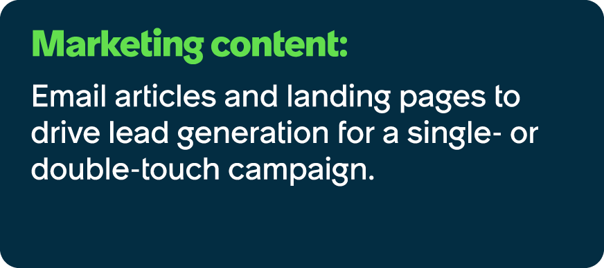 Marketing content: Email articles and landing pages to drive lead generation for a single or double touch campaign.