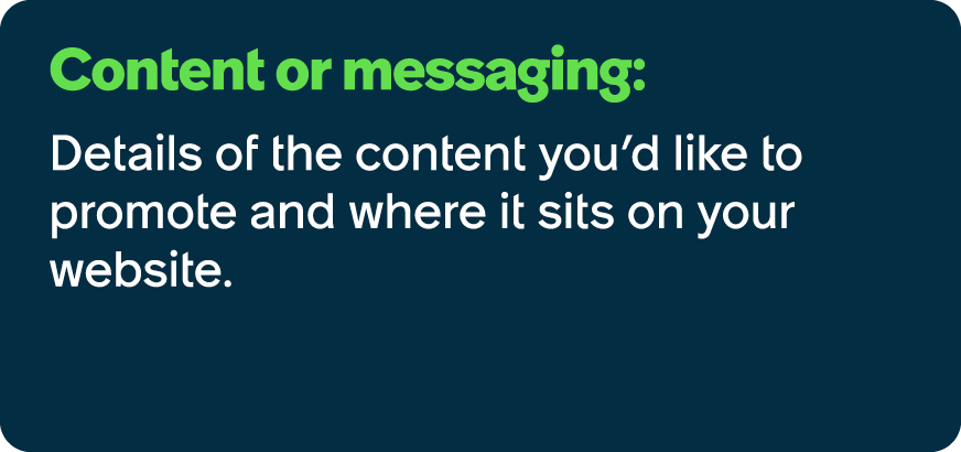 Content or messaging: Details of the content you’d like to promote and where it sits on your website.