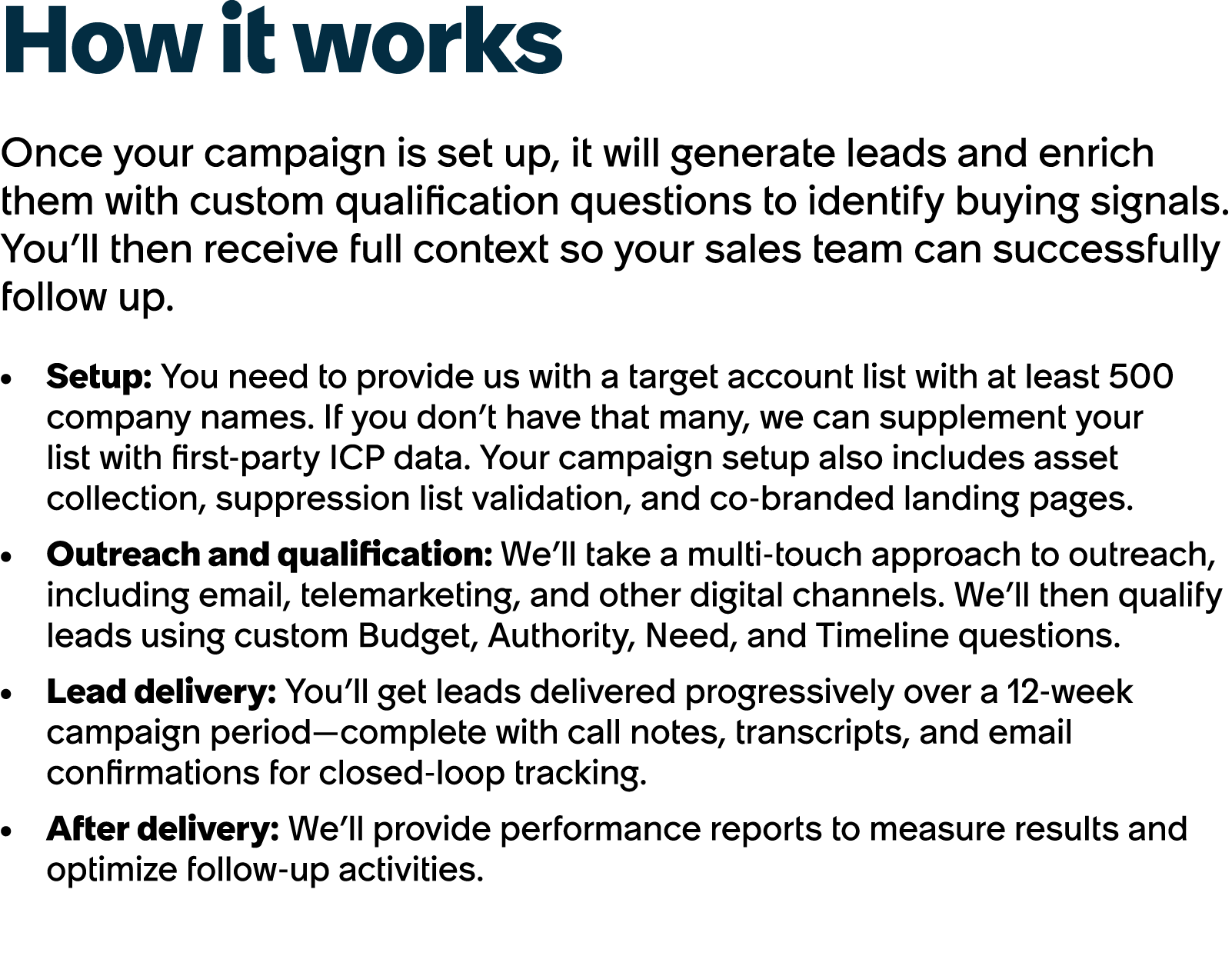 How it works Once your campaign is set up, it will generate leads and enrich them with custom qualification questions...