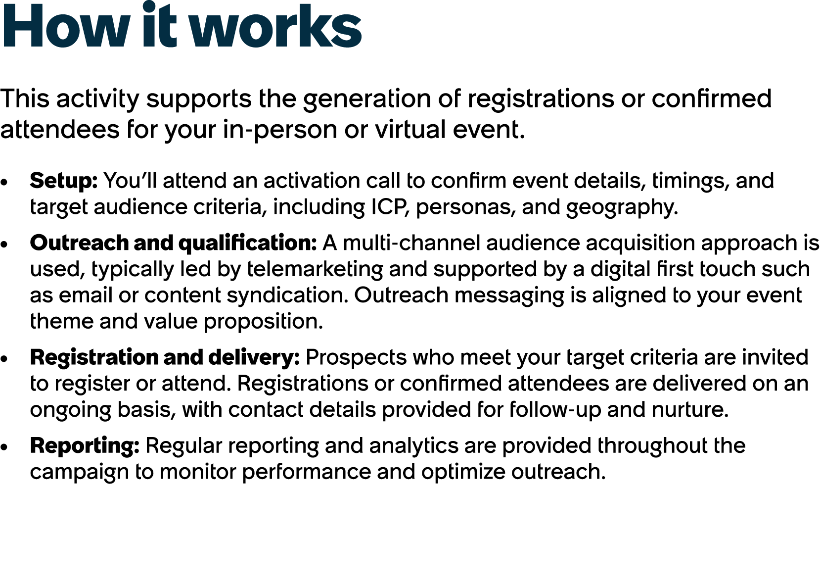 How it works This activity supports the generation of registrations or confirmed attendees for your in person or virt...