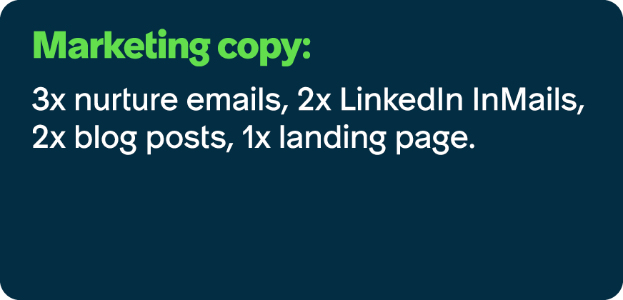 Marketing copy: 3x nurture emails, 2x LinkedIn InMails, 2x blog posts, 1x landing page.