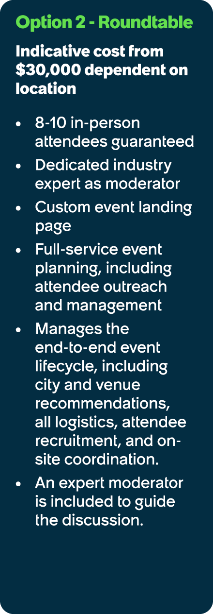 Option 2 Roundtable Indicative cost from $30,000 dependent on location 8 10 in person attendees guaranteed ​ Dedicate...