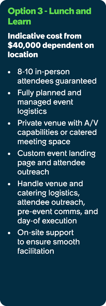Option 3 Lunch and Learn Indicative cost from $40,000 dependent on location 8 10 in person attendees guaranteed ​ Ful...
