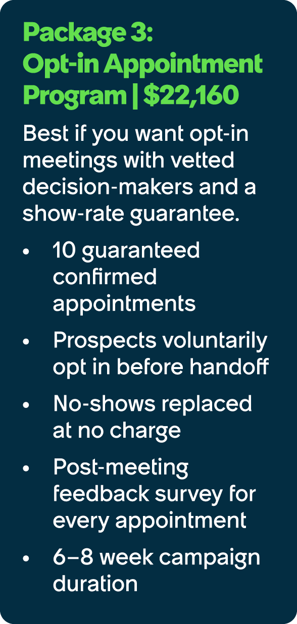 Package 3: Opt in Appointment Program | $22,160 Best if you want opt in meetings with vetted decision makers and a sh...