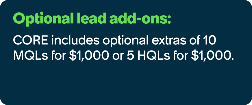 Optional lead add ons: CORE includes optional extras of 10 MQLs for $1,000 or 5 HQLs for $1,000.