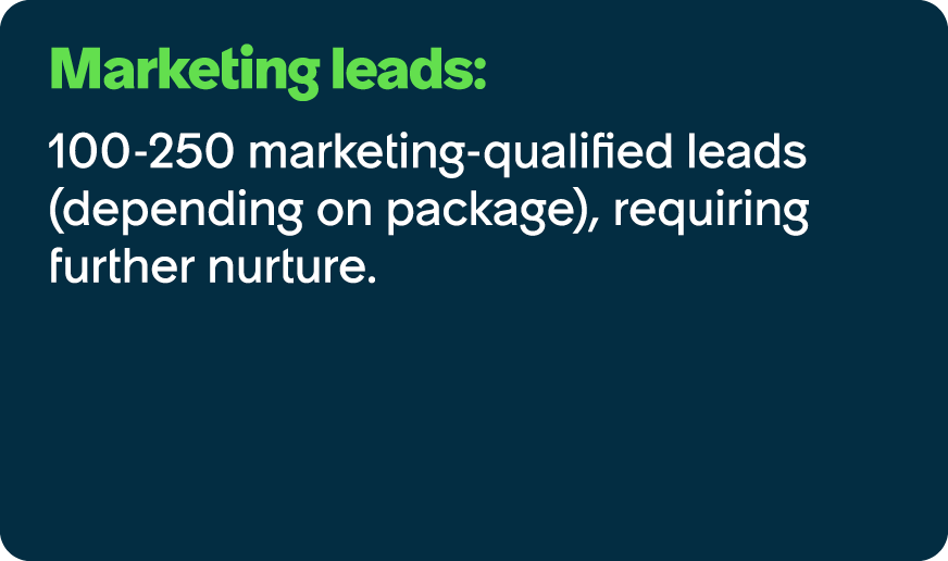 Marketing leads: 100 250 marketing qualified leads (depending on package), requiring further nurture.