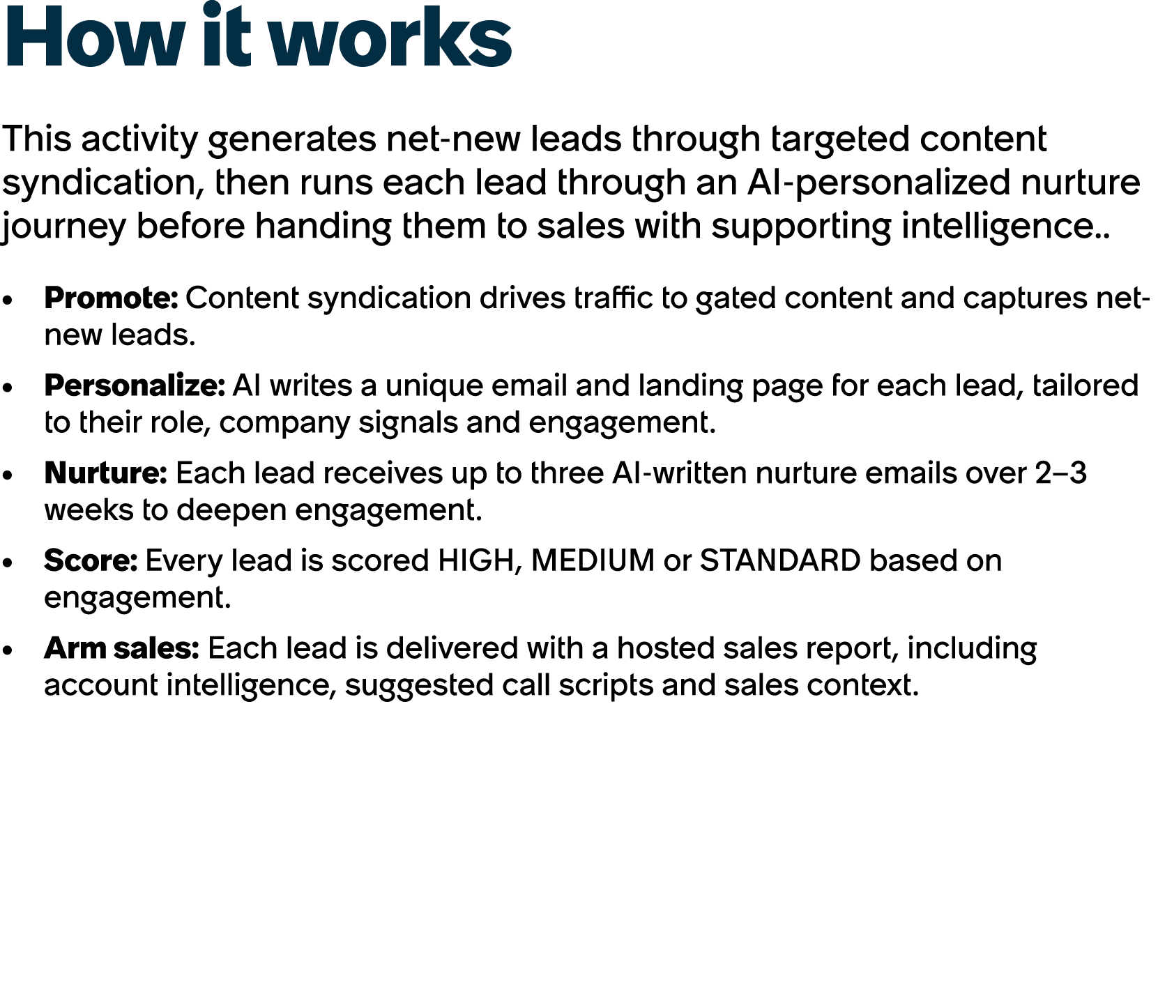 How it works This activity generates net new leads through targeted content syndication, then runs each lead through ...