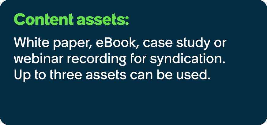 Content assets: White paper, eBook, case study or webinar recording for syndication. Up to three assets can be used.