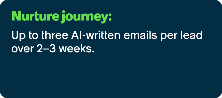 Nurture journey: Up to three AI written emails per lead over 2–3 weeks.