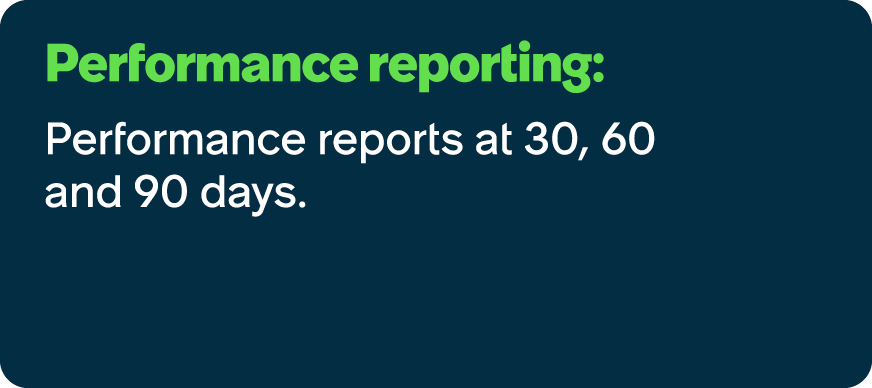 Performance reporting: Performance reports at 30, 60 and 90 days.