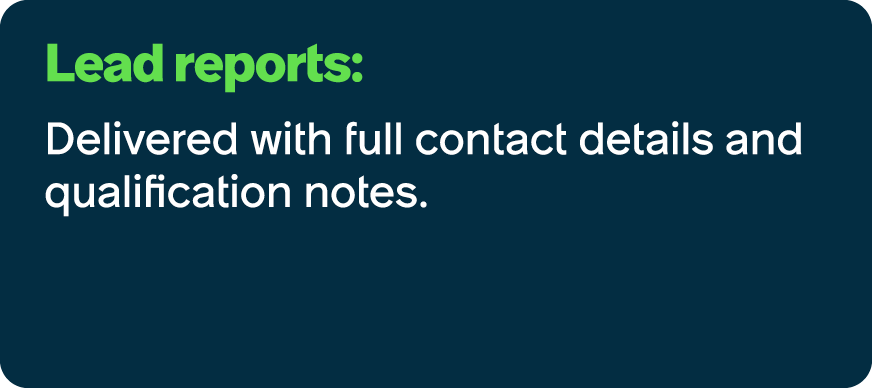 Lead reports: Delivered with full contact details and qualification notes.