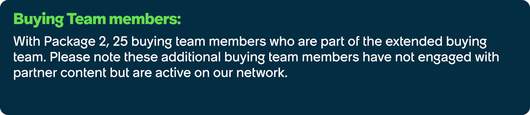 Buying Team members: With Package 2, 25 buying team members who are part of the extended buying team. Please note the...